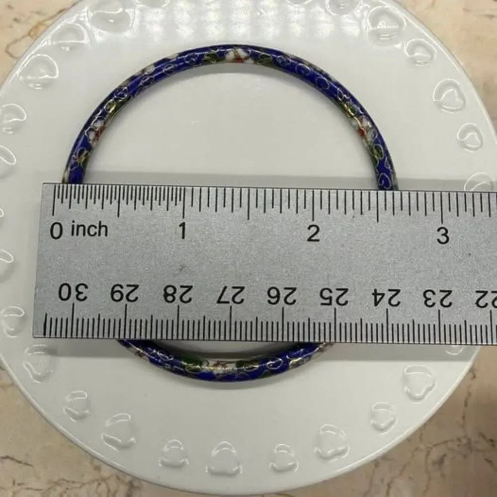 Vintage Blue Cloisonné Enamel Floral Children’s Bangle Bracelet 2 1/2” Diameter